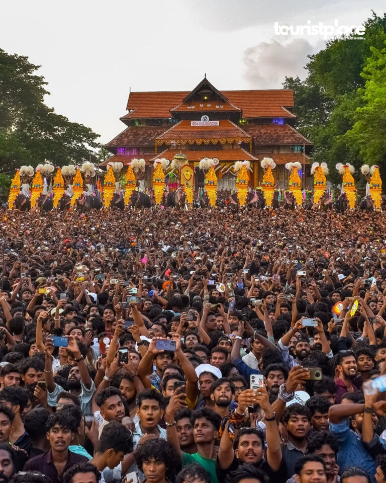 Decorated elephants and huge crowd during Thrissur Pooram festival celebration at Vadakkunnathan Temple in Thrissur Kerala