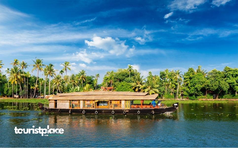 Traditional houseboat cruising through the backwaters of Alleppey surrounded by coconut trees - Tourist Place In India