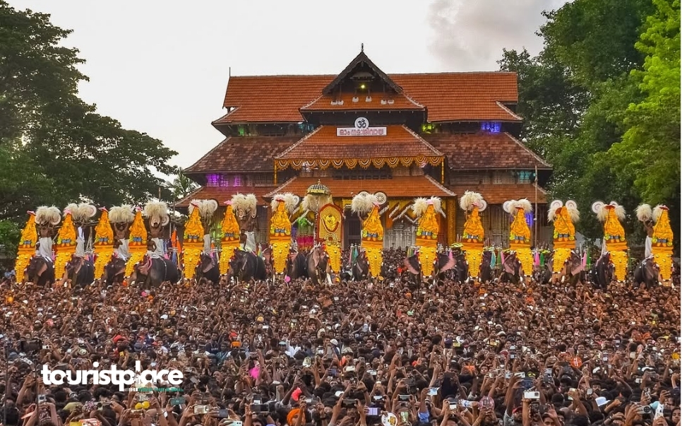 Decorated elephants and huge crowd during Thrissur Pooram festival celebration at Vadakkunnathan Temple in Thrissur Kerala